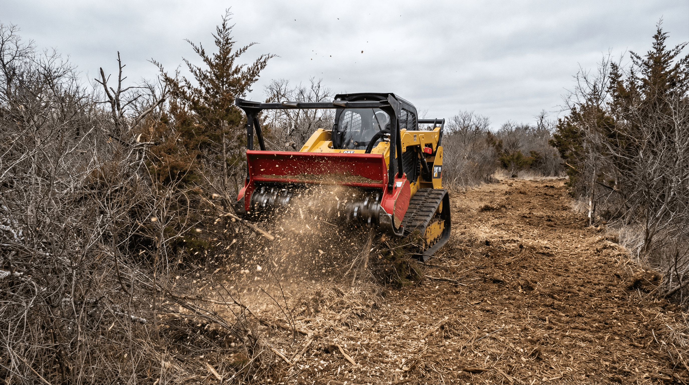 Skid steer with forestry mulching attachment clearing brush in Parker County, Texas
